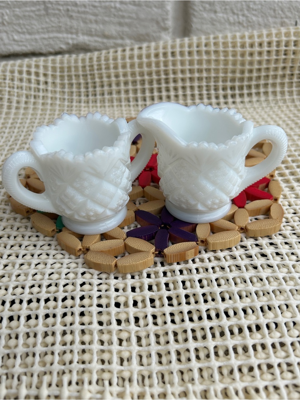 Vintage Westmoreland Bramble Maple Leaf White Milk Glass Cream Sugar Set,1946-80
